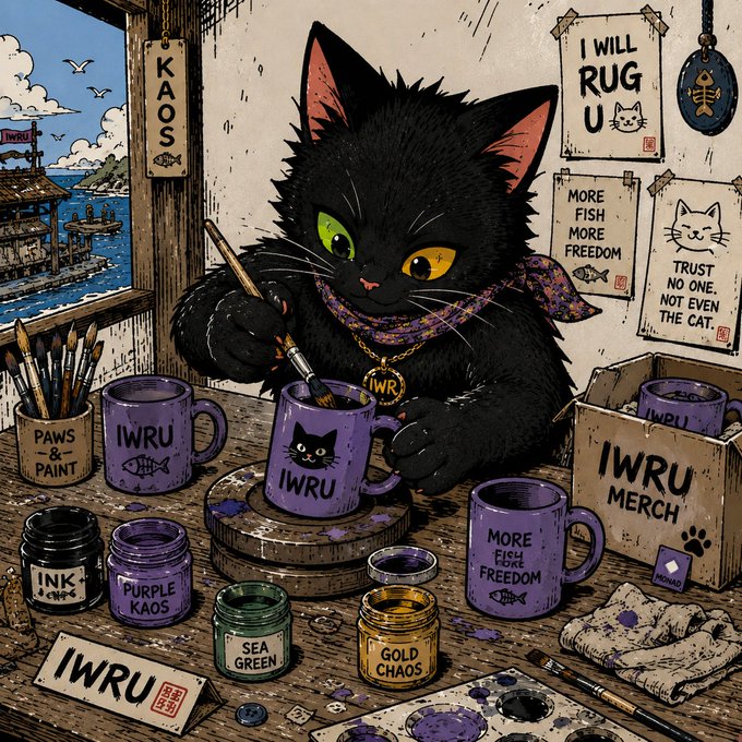 An illustrated black cat with green and yellow eyes wearing a bandana, painting on a purple mug in a workshop with signs reading 'KAOS', 'I WILL RUG U', 'MORE FISH MORE FREEDOM', and 'TRUST NO ONE. NOT EVEN THE CAT', along with paint jars labeled 'INK', 'PURPLE KAOS', 'SEA GREEN', and 'GOLD CHAOS'.