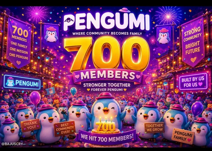 urn of gold and purple confetti, banners with "Penguin" and "700 Members", and penguins in pink hats and blue suits celebrate at the Penguin Party.