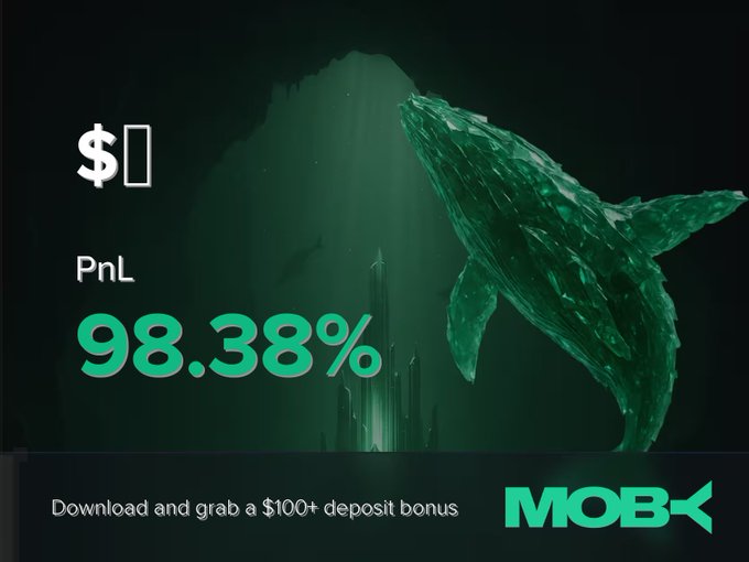 A promotional image for Moby Mobile features a translucent green whale diving through an underwater scene, highlighting a 98.38% PnL win alert and advertising a $100+ deposit bonus. The underwater imagery and whale symbolize a successful trade that has surged from $170.69K to $1.91M in market cap.