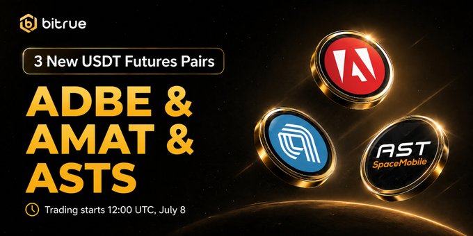 Bitrue promotional image announcing 3 new USDT futures pairs—ADBE, AMAT, and ASTS—with trading starting 12:00 UTC, July 8, featuring the Bitrue logo and coin graphics representing each ticker.