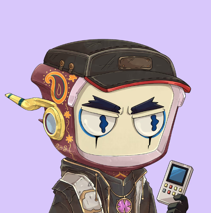 An animated robot character with a screen-like face, wearing a black cap with a red brim and an ornate dark jacket with a pink crystal pendant, holds a small device.
