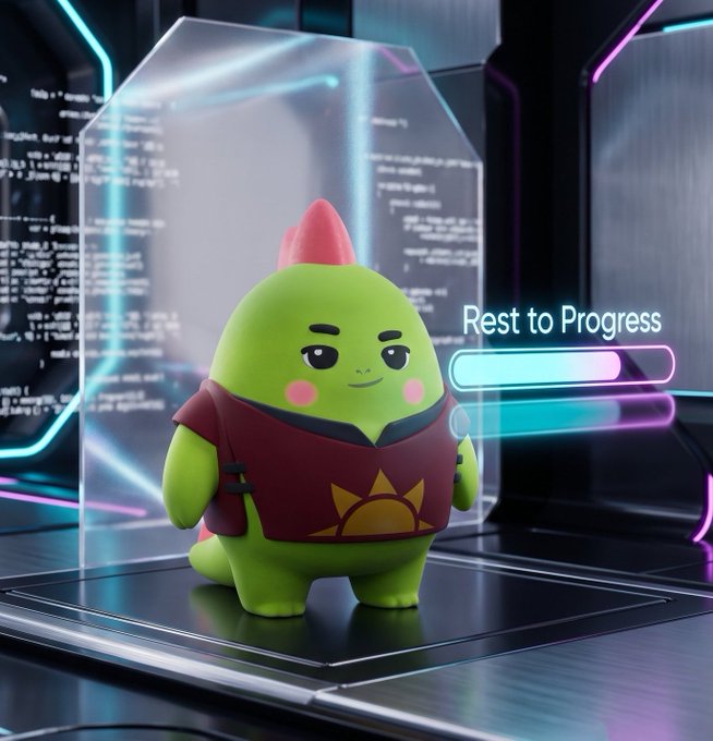 A green cartoonish character with a small red mohawk stands in a futuristic setting with the text 'Rest to Progress' displayed.