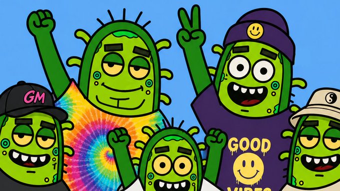 A cartoon illustration features several green monster characters wearing hats, with one wearing a "GOOD VIBES" shirt, all smiling and raising their hands against a blue sky background.