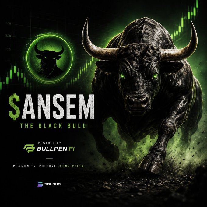 A promotional graphic for '$ANSEM THE BLACK BULL' cryptocurrency/token, powered by BullPen Fi on the Solana blockchain, featuring a charging black bull with glowing green eyes and the tagline 'COMMUNITY. CULTURE. CONVICTION.'