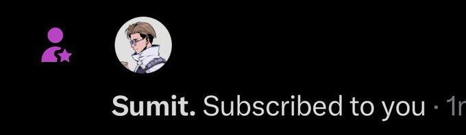 A YouTube notification shows that user "Sumit" has subscribed to the channel 1 hour ago, displayed alongside a purple moderator icon and an anime-style avatar. This subscription notification relates to the post welcoming Sumit (@0xSumitt) as a new subscriber after meeting in person at the ArcadiaGTM event in Dubai during Token2049.