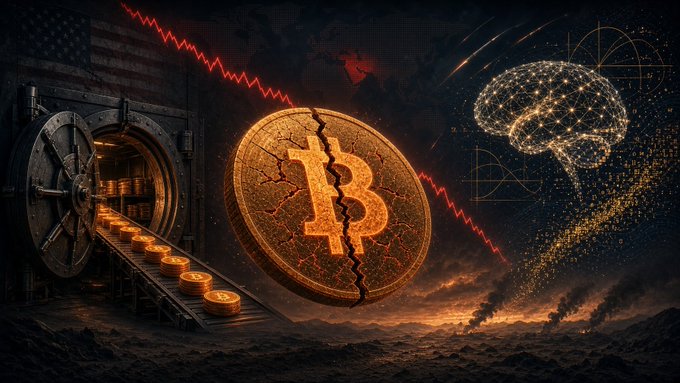 An artistic illustration depicting a cracked golden Bitcoin coin surrounded by imagery of a bank vault, a declining red line graph, and a dissolving golden brain, symbolizing financial collapse and lost intelligence.