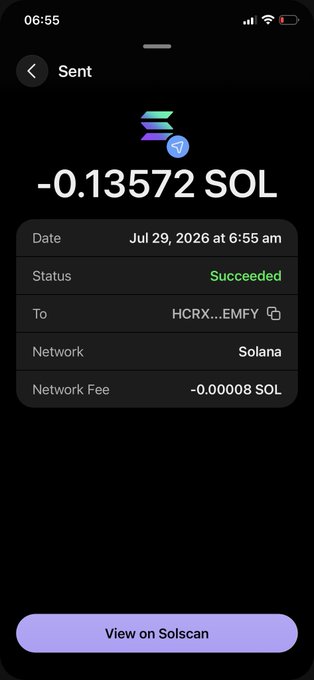 A screenshot of a successful transaction on the Solana network showing -0.13572 SOL sent to address HCRX...EMFY on July 29, 2026, with a network fee of -0.00008 SOL. This receipt serves as proof of the first $10 SOL giveaway to @i_am_JBS, with 4 more winners still to be announced.