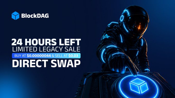 The image features a blue neon figure of an astronaut with a black helmet, seemingly controlling a space object or music equipment. In the background behind the astronaut, there's text promoting a 24-hour limited legacy sale by BlockDAG for a Direct Swap. The post appears to be related to gaming as it suggests that this is the final day of the Peak Legacy Power game. This implies that the offer will end after the designated time, making it an exclusive deal and creating a sense of urgency among potential buyers or gamers who want to take advantage of it before its expiration.