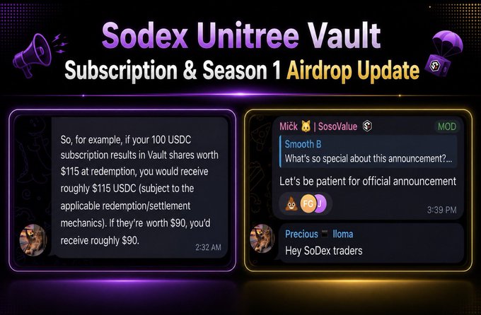 A promotional graphic titled "Sodex Unitree Vault: Subscription & Season 1 Airdrop Update" features a Discord-style message explaining that a $100 USDC subscription yields vault shares redeemable for roughly $90–$115 USDC depending on settlement mechanics, alongside community reactions from users "Mick" and "Precious" discussing the announcement.