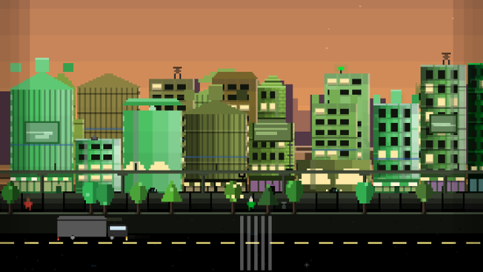 A pixel art scene depicting a city skyline at sunset with green buildings, a red fire hydrant, trees, and a van driving along a road.