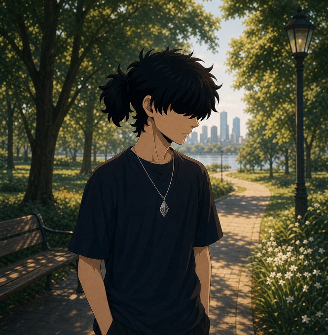An anime-style illustration depicts a young man with messy black hair wearing a black t-shirt and silver pendant necklace, standing on a sunlit park path with a city skyline visible in the background.