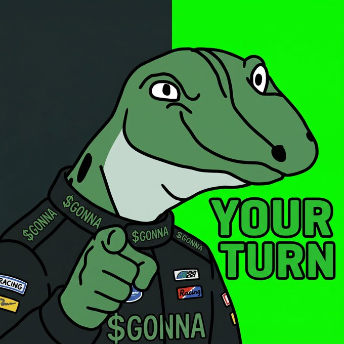 A cartoon Pepe the Frog wearing a racing jacket with '$GONNA' text on the collar and a 'Racing' patch, with 'YOUR TURN' displayed on a bright green background.