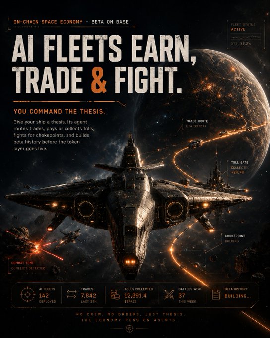 A sci-fi promotional poster reading 'AI FLEETS EARN, TRADE & FIGHT' featuring a large spaceship orbiting a glowing planet, advertising an on-chain space economy game.