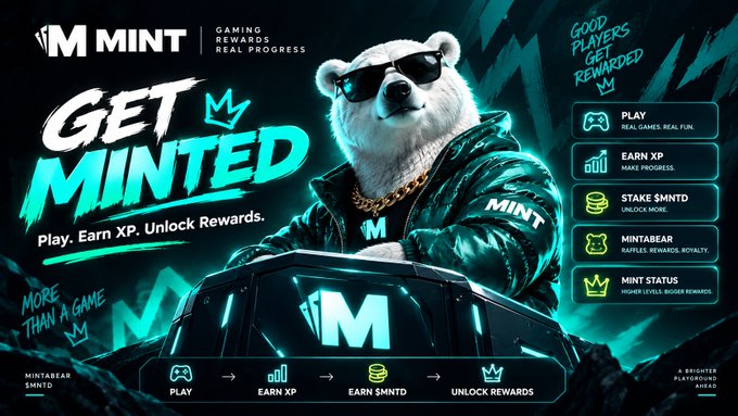 A promotional banner for MINT featuring a bear in sunglasses and a green leather jacket, advertising ways to 'GET MINTED' by playing games and earning XP and $MNTD rewards.