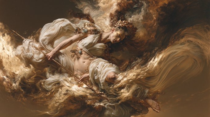 A classical-style painting depicting a woman in flowing white robes holding a staff, surrounded by dramatic, swirling amber clouds.
