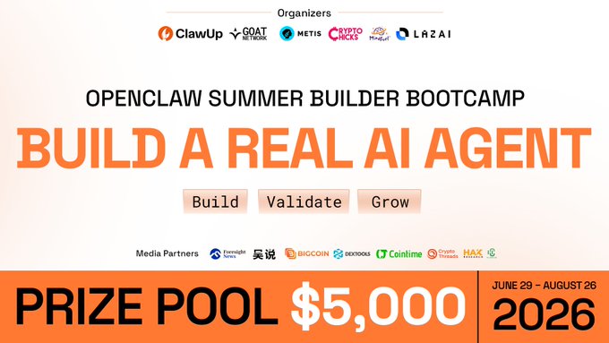 The image has two main components: an orange banner that says "Openclaw Summer Builder Bootcamp" with several logos underneath, and text about a prize pool for a project called "Build a Real AI Agent". The banner is positioned towards the left side of the image, while the accompanying text is located on the right side.