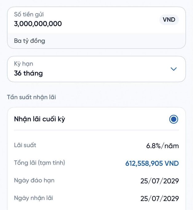 A Vietnamese banking app screen shows a 3 billion VND deposit with a 36-month term at 6.8%/year interest, with maturity date 25/07/2029.