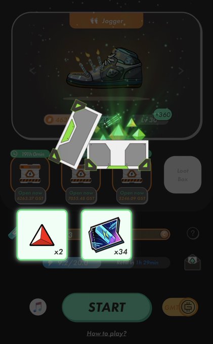 A screenshot of a mobile game showing a 'Jogger' sneaker NFT with a green loot box opening animation revealing items including x2 triangle tokens and x34 gem cards.