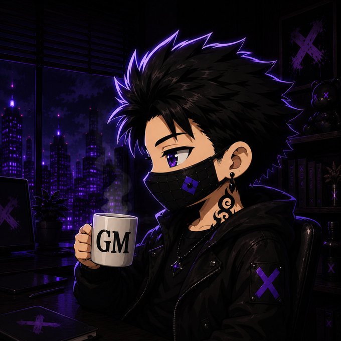 An anime-style illustration of a male character with spiky black hair, a black mask, and purple eyes, holding a white mug that says 'GM' against a dark cityscape background.