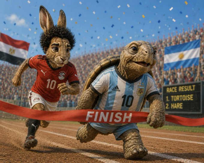 An illustration shows the classic tortoise vs. hare race reimagined at a stadium finish line, where the tortoise in an Argentina #10 jersey beats the hare in an Egypt #10 jersey, with a scoreboard reading 'RACE RESULT: 1. TORTOISE, 2. HARE'.