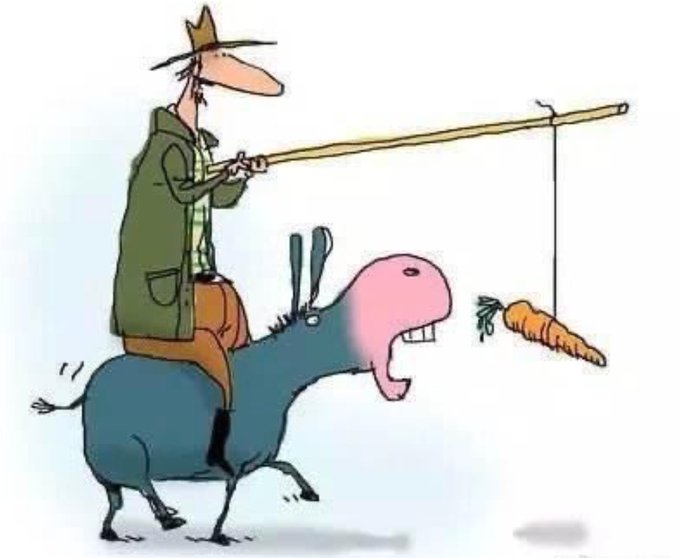 A cartoon depicts a lanky rider in a wide-brimmed hat using a carrot-on-a-stick to coax a stubborn donkey forward, mirroring the post's metaphor of dangling incentives to drive engagement on the $POLY token and Polymarket community. The image humorously illustrates the struggle of motivating users forward when token rewards and equity interests coexist.