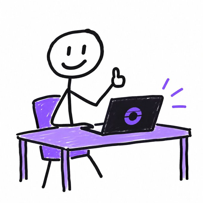 A cartoon-style illustration of a smiling stick figure sitting at a purple desk, giving a thumbs up while working on a black laptop displaying a purple eye logo.