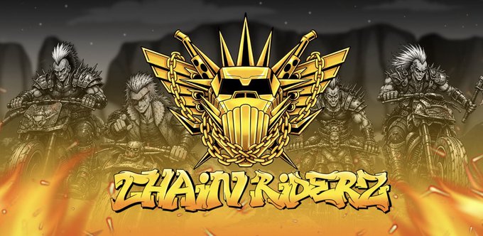 The image displays the "THAINRIDERZ" logo featuring a stylized winged helmet emblem with crossed guns and chains, surrounded by mohawked biker characters on motorcycles amidst flames, which aligns with the post's promotion of the ChainRiderz NFT community and their collaborative alpha-sharing Discord.