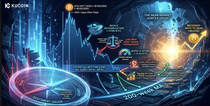 A KuCoin-branded infographic charts Bitcoin's projected path through a "Bear Market Vortex (2026)," highlighting key on-chain signals such as whale accumulation (+270k BTC), short-term holder cost basis crossover, MVRV Z-Score (-0.24 to -0.5), and a potential Q4 2026 bottom zone ($47k–$67k) before a recovery path to the 2028 halving—visually reinforcing the blog's thesis that the current cycle is in its late-stage capitulation phase roughly 50% below the ATH 2025 peak of ~$126,000.