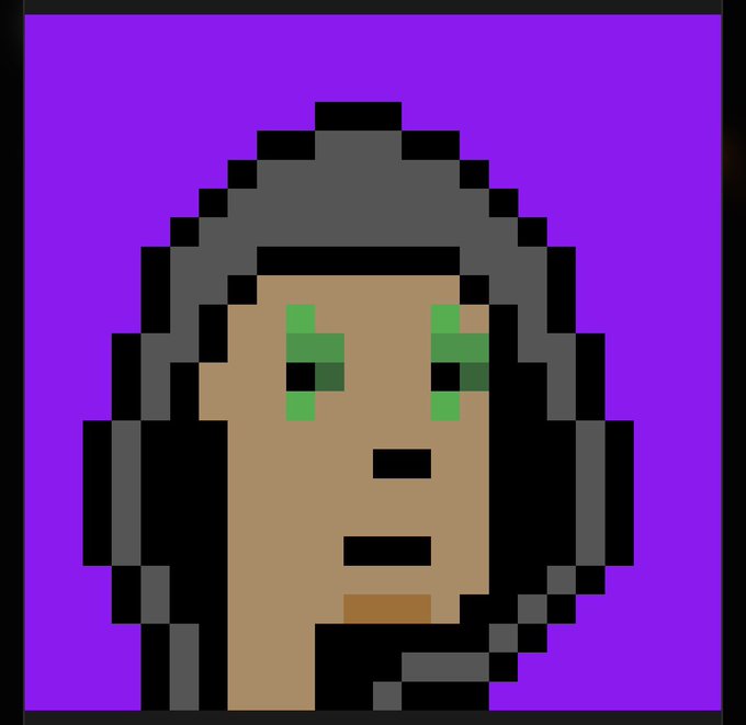 A pixel art portrait of a character with a gray hood, black hair, and green eyes on a solid purple background.