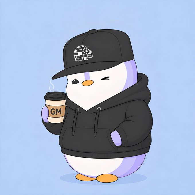 A cartoon illustration of a penguin wearing a black hoodie and a cap with a globe logo, holding a coffee cup labeled 'GM'.