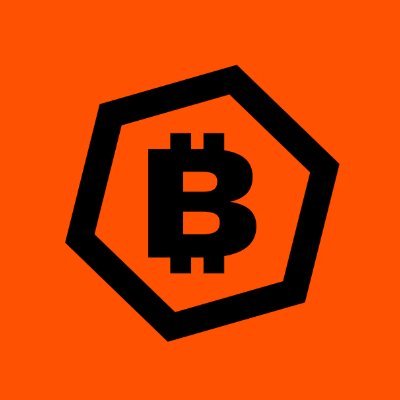 Bitcoin logo featuring a black 'B' inside a hexagon on an orange background.