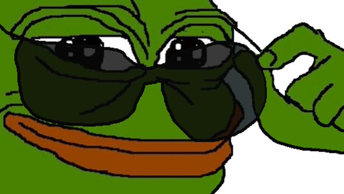 A close-up drawing of Pepe the Frog adjusting his sunglasses, paired with the casual crypto greeting "gm." The cool, confident pose complements the laid-back "good morning" message commonly used in online communities.