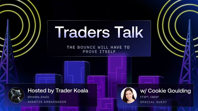 Promotional graphic for "Traders Talk" featuring a neon purple cityscape with broadcast tower silhouettes, displaying the episode title "The Bounce Will Have to Prove Itself," hosted by Trader Koala (Avantis Ambassador) with special guest Cookie Goulding (FTIP, CBDA), tied to a discussion about post-CPI market reactions across crypto, commodities, and equities.