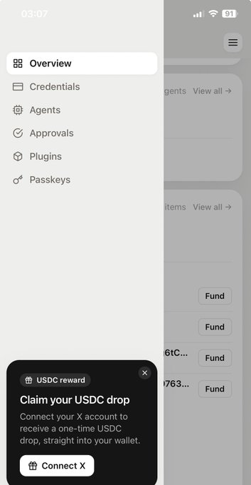 A mobile app menu showing options 'Overview', 'Credentials', 'Agents', 'Approvals', 'Plugins', 'Passkeys' with a 'USDC reward' popup at the bottom to 'Claim your USDC drop' by connecting X account.