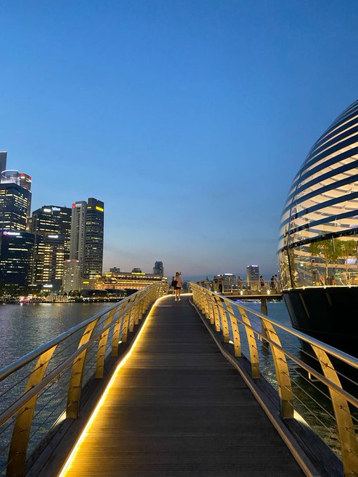 The image shows a long wooden bridge with lights, stretching across a body of water. The bridge appears to be located near a city skyline, which includes several tall buildings. A person can be seen standing at one end of the bridge, possibly enjoying the view or waiting for someone else.