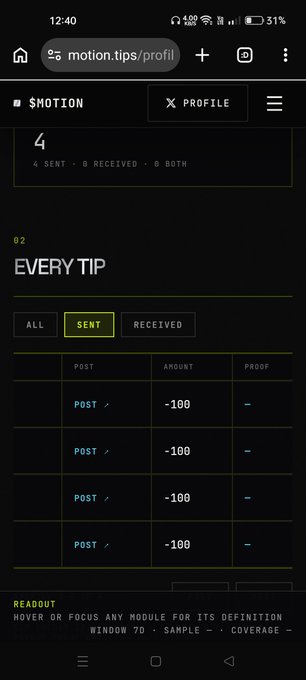 A mobile screenshot of motion.tips/profile shows a dark-themed crypto tipping interface displaying 4 MOTION tokens sent, with four -100 POST tip entries listed under the 'EVERY TIP' section.