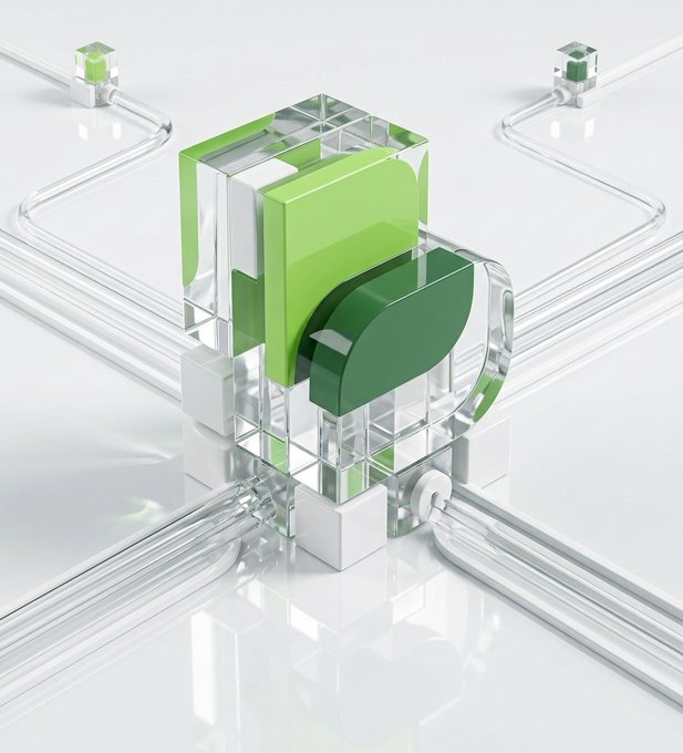 A 3D-rendered transparent blockchain network hub with green accents sits at the center of an interconnected grid, symbolizing Ethereum's growing infrastructure for enterprise adoption. The clear, modular design visually reinforces the post's message about scalable, neutral, and interoperable crypto-native systems attracting major institutions.