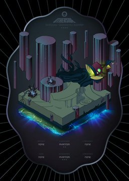 A stylized, dark graphic of an "Isle of Armor" featuring characters and tall pillars, with placeholder text fields for descriptions and inventory.