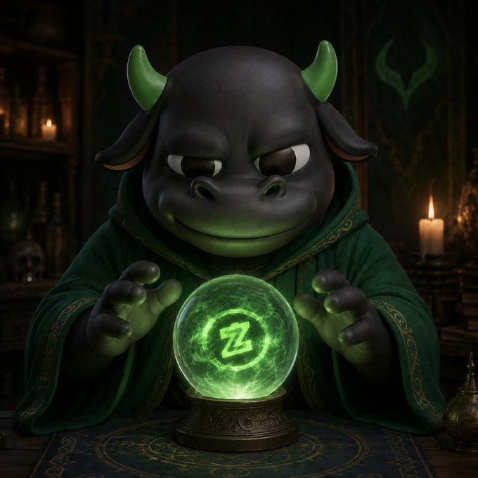 A 3D-rendered cartoon creature with green horns and a green robe leaning over a glowing green crystal ball displaying the Z (Zcash) logo, set in a dimly lit room with candles.