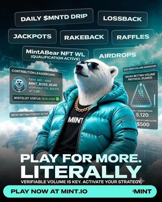 A promotional advertisement for MINT.IO featuring a polar bear wearing sunglasses and a teal puffer jacket, displaying features like 'DAILY $MNTD DRIP', 'LOSSBACK', 'JACKPOTS', 'RAKEBACK', 'RAFFLES', and 'AIRDROPS' with the tagline 'PLAY FOR MORE. LITERALLY'.