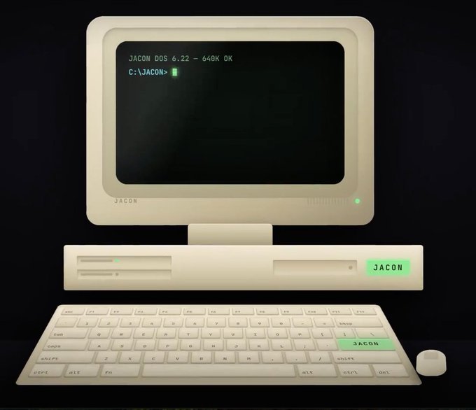 A retro beige computer setup with a monitor displaying 'JACON DOS 6.22 - 640K OK C:\JACON>', accompanied by a matching keyboard and a small mouse.