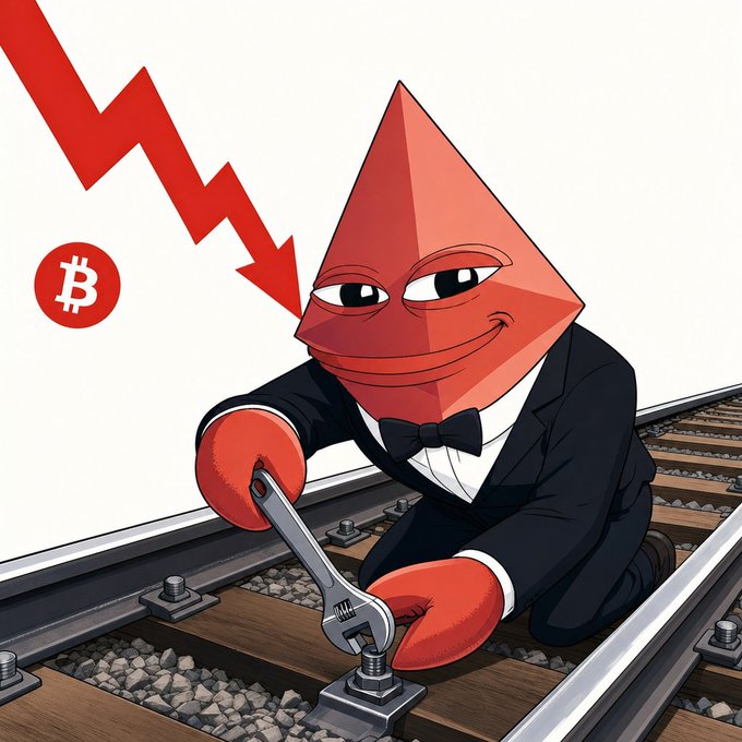 A red Bitcoin-themed pyramid character in a tuxedo adjusts railroad tracks with a wrench while a downward red arrow and Bitcoin logo point toward him, symbolizing infrastructure building during a price crash. The image illustrates the post's message that while Bitcoin's price hits 21-month lows and ETFs see record outflows, key projects like Stratum V2, Ondo, and Spark continue shipping progress regardless of the downturn.