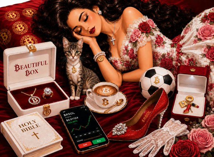 A woman in a floral dress lies surrounded by opulent Bitcoin-themed items including a "Beautiful Box" of jewelry, $RSOL token displayed on a smartphone showing $0.01124, a coffee cup with the Bitcoin logo, red stilettos branded "$SOL," a Holy Bible, a soccer ball, and a tabby cat wearing a Bitcoin necklace—visually representing the crypto lifestyle promoted in the accompanying post featuring ticker $RSOL and contract address CA: 61wgvSvxv4NrCizCn5NrGTgLkvXqsxfsXKDfVyqzGV8i.