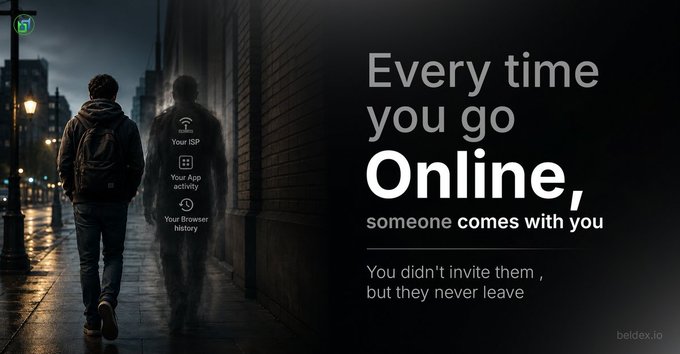 An advertisement warning about online privacy, showing a man walking down a dark street with a shadowy figure labeled with tracking icons for 'Your ISP, Your App activity, Your browser history,' alongside the text 'Every time you go Online, someone comes with you. You didn't invite them, but they never leave' by beldex.io.