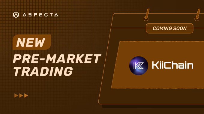 A promotional graphic for Aspecta announcing 'NEW PRE-MARKET TRADING' coming soon for KiiChain, featuring a brown color scheme with geometric design elements.