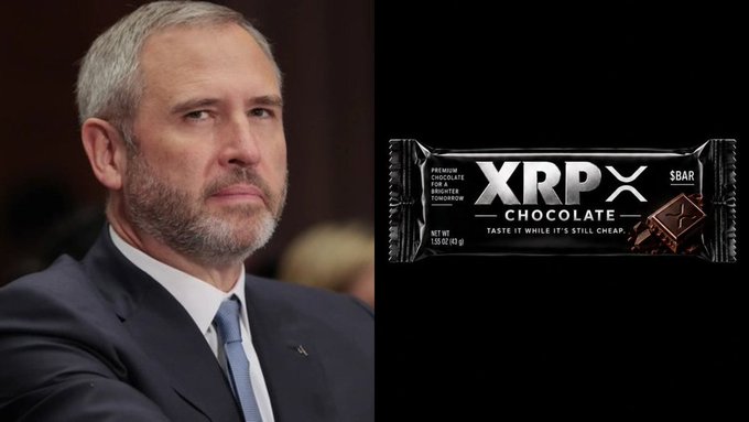 A side-by-side image shows Brad Garlinghouse, CEO of Ripple, next to an "XRP Chocolate" 5-bar package labeled "Premium Chocolate for a Brighter Tomorrow" with the tagline "Taste it while it's still cheap," humorously pairing his bullish $XRP commentary with a meme-themed chocolate bar promotion for the $BAR token.