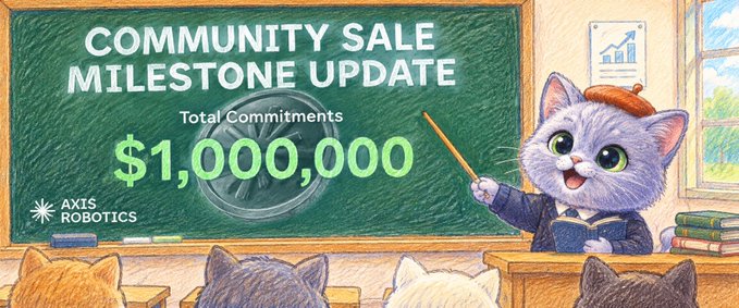 An illustration shows an animated gray cat wearing a beret and sweater standing at a chalkboard pointing with a stick, announcing 'COMMUNITY SALE MILESTONE UPDATE' and 'Total Commitments $1,000,000' for 'AXIS ROBOTICS.'
