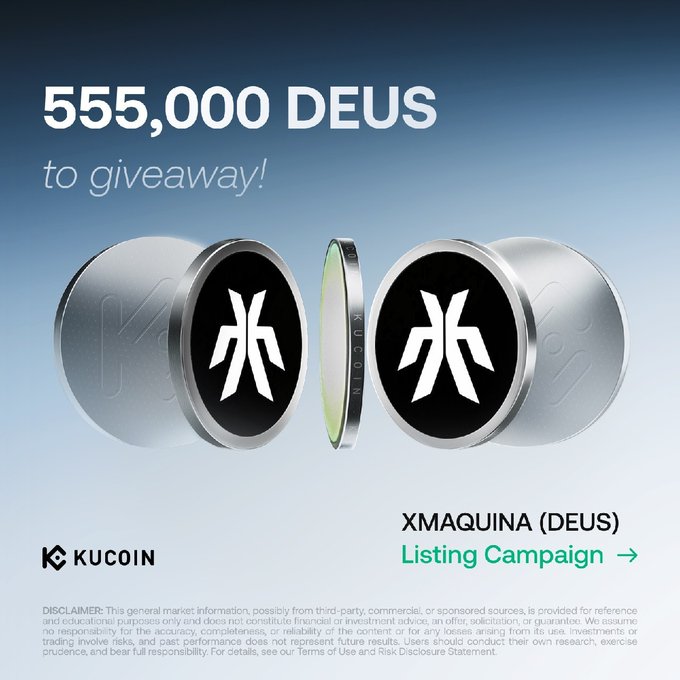The image is an eye-catching advertisement for a casino game called "XMAQUINA (DEUS) - listing campaign". It features two coins, one silver and one black with the letter "H", symbolizing good luck and fortune, against a blue background. The text in the image clearly states that this game rewards players who win $495,000 DEUS prizes by participating in an activity called "XMAQUINA (DEUS)".