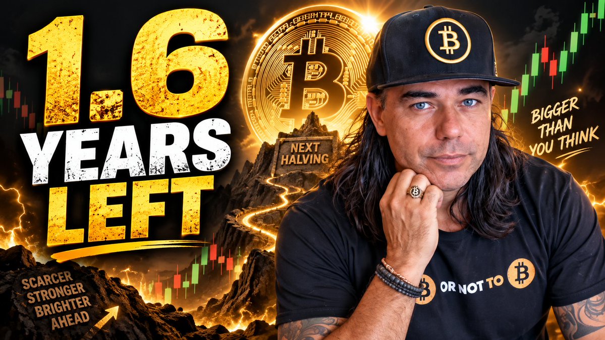 A man wearing a Bitcoin cap and "TO ₿ OR NOT TO ₿" shirt poses beside bold text reading "1.6 YEARS LEFT," with a large golden Bitcoin coin, "NEXT HALVING" monument, and the slogans "SCARCER STRONGER BRIGHTER AHEAD" and "BIGGER THAN YOU THINK," directly tying into the post's announcement that Bitcoin's next halving is imminent and transformative.