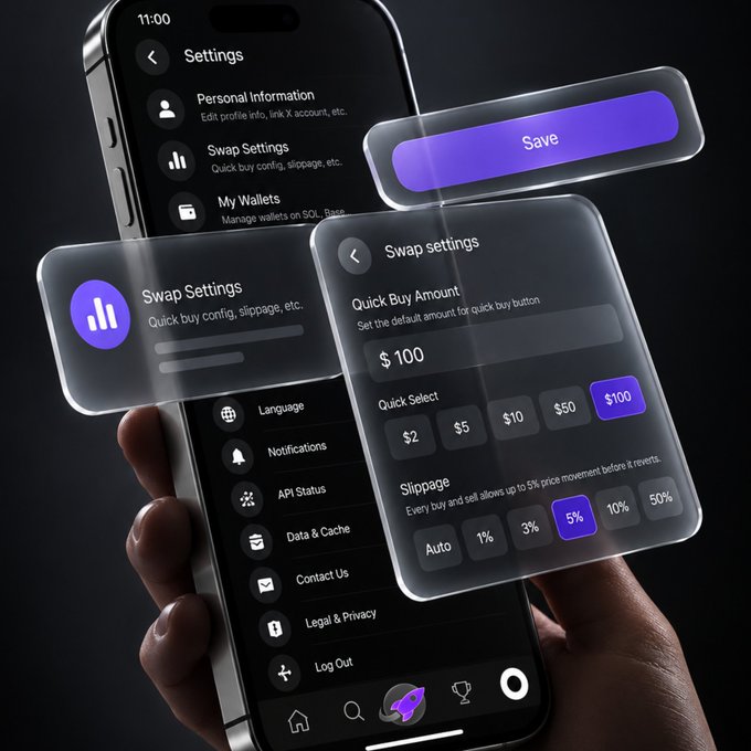 A 3D-rendered promotional image showing a smartphone displaying app settings with floating interface elements showing Swap Settings options including Quick Buy Amount ($100 selected) and Slippage (5% selected), and a purple 'Save' button.